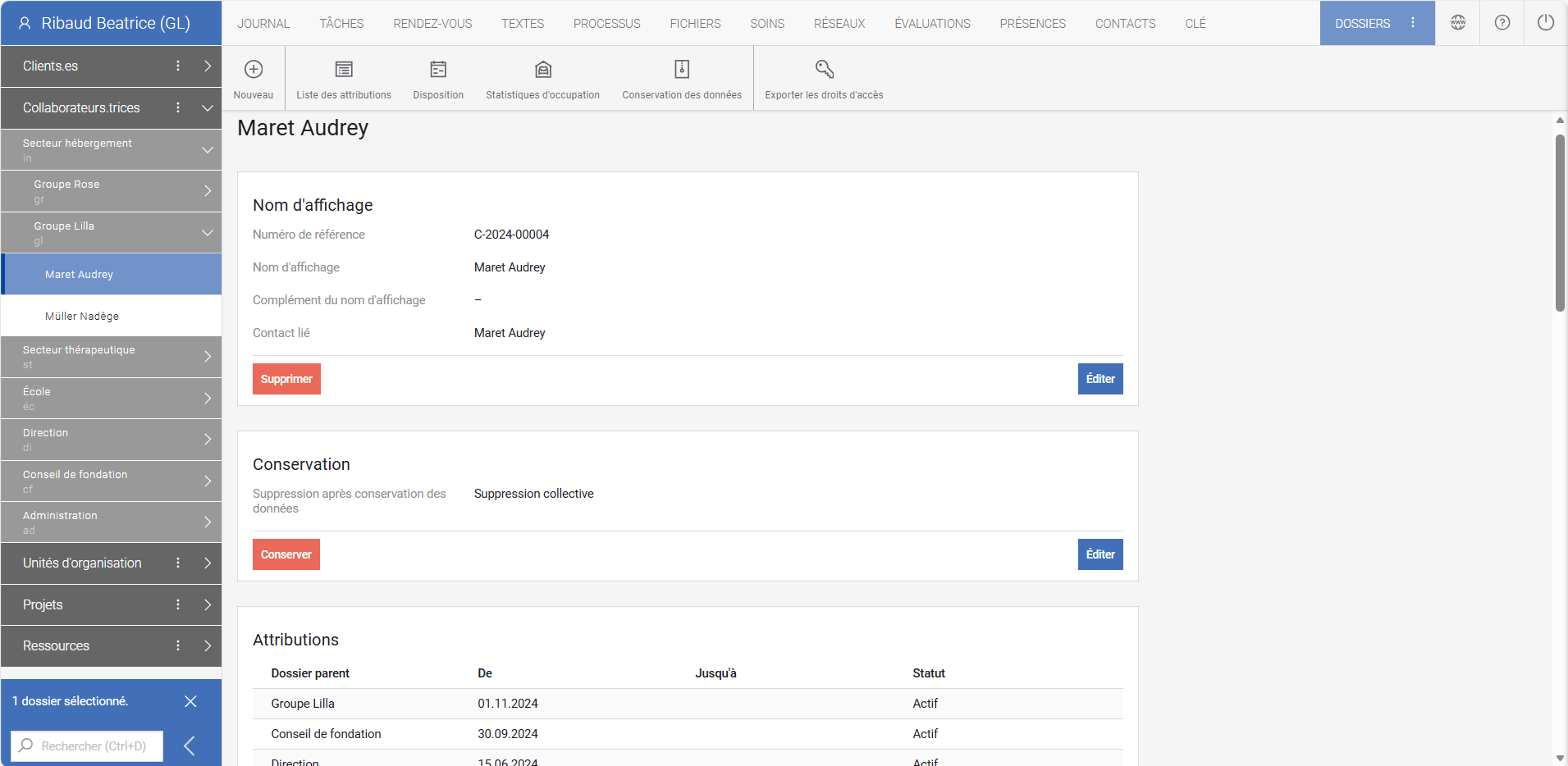 Screenshot Dossierverwaltung FR